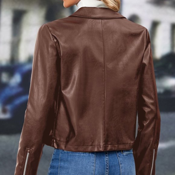 Clearance!! Brand New Zip Up PU Leather Moto Jacket Coffee Brown - Picture 5 of 6